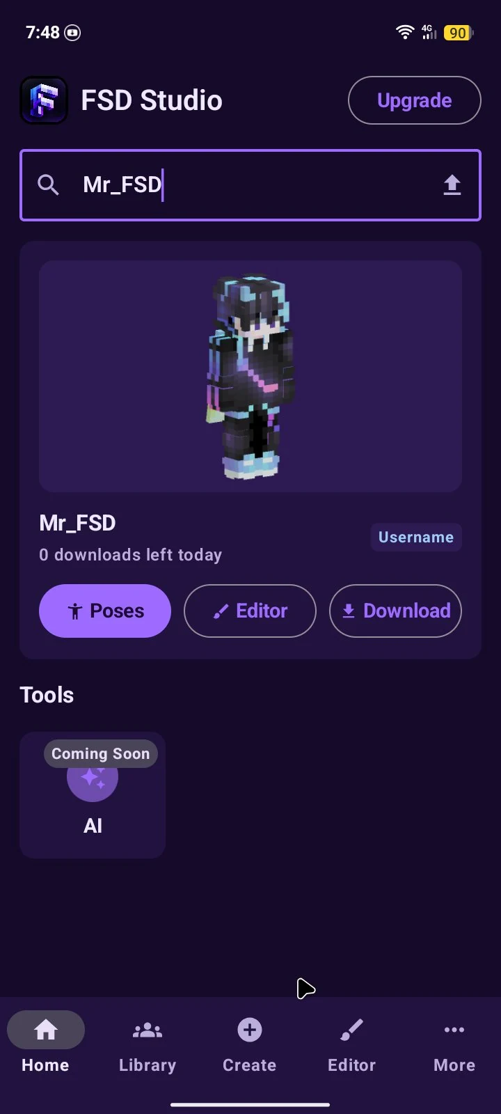 FSD Studio home screen with a Minecraft character loaded